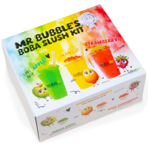 Mr Bubble’s Boba Slush Kit box featuring apple, mango, and strawberry slush drinks with colourful cartoon fruit illustrations