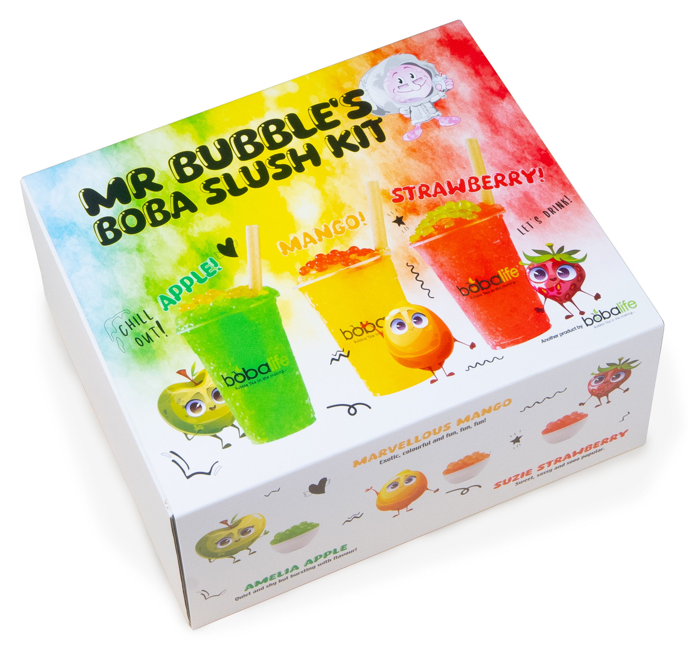 Mr Bubble’s Boba Slush Kit box featuring apple, mango, and strawberry slush drinks with colourful cartoon fruit illustrations